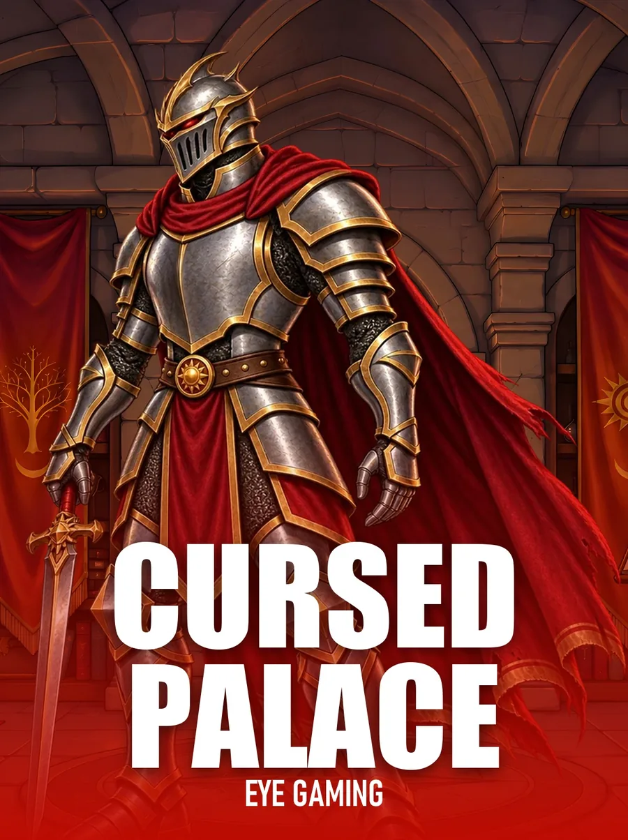 Cursed Palace key art: an armoured knight with a red cape in a castle hall